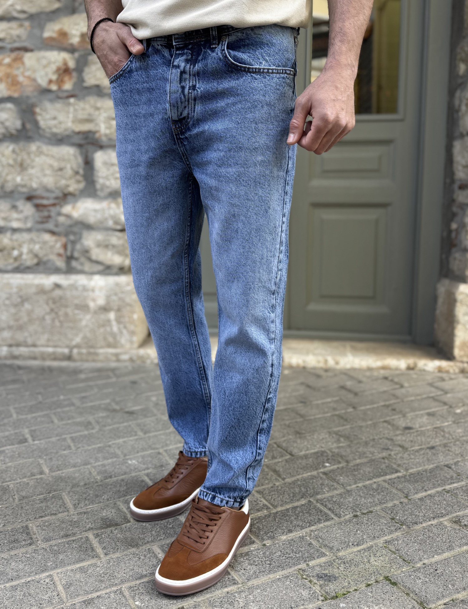 Ανδρικό μπλε σταθερό Loose Jean πεντάτσεπο με κουμπιά BF3027 φωτογραφία